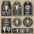 Hand drawn mulled wine vector gift tags set. Black and white sketch badges and logo with wine glass. Menu cards design Royalty Free Stock Photo