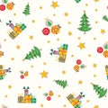 Hand drawn multicolor Christmas trees, gift boxes, baubles and stars design. Seamless vector pattern on light textured Royalty Free Stock Photo