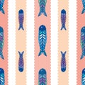 Hand drawn multicolor fish in geometric folk art style. Seamless vector pattern on white background with scalloped coral