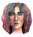 Hand-drawn multicolor portrait of a woman. Drawn with colored pencils on paper