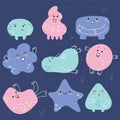 Hand-drawn multicolored doodles-monsters.Cute funny emotions. Vector set out of 9 of fun abstract monsters.Fashion
