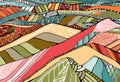 Hand drawn multicolored patterned hills in patchwork style. Mexican motives. Horizontal print. Vector illustration