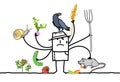 Multitasking cartoon farmer, angry because of animals eating his plants Royalty Free Stock Photo