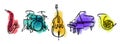 Hand drawn music instruments. Orcestra. Horizontal banner or cover for social media. Ink style vector illustration with Royalty Free Stock Photo