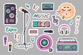 Hand drawn music label templates. Set of trendy stickers in retro style of 90s, 80s, 70s. Cartoon character sun, tape recorder,