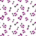 Hand drawn music notes seamless pattern. Vector doodle illustration. Chaotic symbols for melody composition, playing