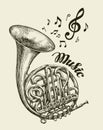 Hand-drawn musical french horn. Sketch vintage trumpet. Vector illustration Royalty Free Stock Photo