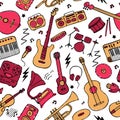 Hand drawn musical icon set. Seamless pattern for fabric and wallpaper. Vector Royalty Free Stock Photo