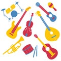 Hand-drawn musical instruments set. Doodle elements guitar, electric guitar, ukulele, trumpet, maracas, domra, violin. Vector Royalty Free Stock Photo