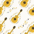 Hand-drawn musical seamless pattern with country guitar, stars, notes, symbols, objects and elements Royalty Free Stock Photo