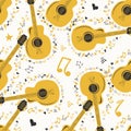 Hand-drawn musical seamless pattern with country guitar, stars, notes, symbols, objects and elements Royalty Free Stock Photo