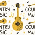 hand-drawn musical seamless pattern with the inscription country music and country guitar, stars, notes, symbols, objects and Royalty Free Stock Photo