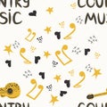 Hand-drawn musical seamless pattern with the inscription country music and country guitar, stars, notes, symbols Royalty Free Stock Photo