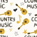 Hand-drawn musical seamless pattern with the inscription country music and country guitar, stars, notes, symbols Royalty Free Stock Photo