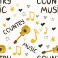 Hand-drawn musical seamless pattern with the inscription country music and country guitar, stars, notes, symbols Royalty Free Stock Photo