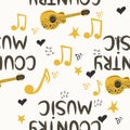 Hand-drawn musical seamless pattern with the inscription country music and country guitar, stars, notes, symbols Royalty Free Stock Photo