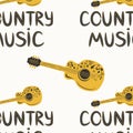 Hand-drawn musical seamless pattern with the inscription country music and country guitar, stars, notes, symbols, objects and Royalty Free Stock Photo