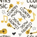 hand-drawn musical seamless pattern with the inscription country music and country guitar, stars, notes, symbols, objects and Royalty Free Stock Photo