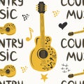 hand-drawn musical seamless pattern with the inscription country music and country guitar, stars, notes, symbols, objects and Royalty Free Stock Photo