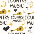 hand-drawn musical seamless pattern with the inscription country music and country guitar, stars, notes, symbols, objects and Royalty Free Stock Photo