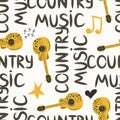 Hand-drawn musical seamless pattern with the inscription country music and country guitar, stars, notes, symbols, objects and Royalty Free Stock Photo