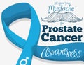 Hand Drawn Mustache with Blue Ribbon for Prostate Cancer Campaign, Vector Illustration