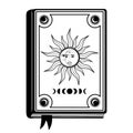 Hand drawn mystical book with Sun and Moon face, star in line art. Magic collection, symbol, talisman, antique style, boho. Vector