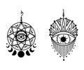 Hand drawn mystical Dreamcatcher isolated clip art on white, black and white line boho dream catchers and evil eyes