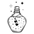 Hand drawn mystical glass bottle with star and heart in line art. Magic collection, symbol, talisman, antique style, boho. Vector