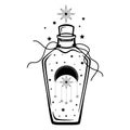 Hand drawn mystical glass bottle with star and moon in line art. Magic collection, symbol, talisman, antique style, boho. Vector