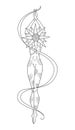 Hand drawn mystical woman with sun head in line art. Spiritual abstract silhouette young woman with ribbon. Esoteric talisman.