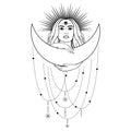 Hand drawn mystical woman with Sun, Moon, star in line art. Spiritual abstract silhouette young woman