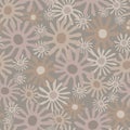 Hand drawn naive daisy bloom seamless pattern. Tossed floral background. Soft grey neutral muted tones. All over print for asian