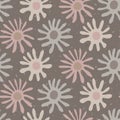 Hand drawn naive daisy bloom seamless pattern. Tossed floral background. Soft grey neutral muted tones. All over print for asian