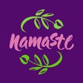 Hand drawn namaste card. Hello in hindi. Hand drawn lettering background. Isolated on purple background. Positive quote. Modern