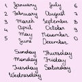 Hand drawn names days of the week and month
