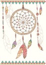 Hand drawn native american dream catcher, beads and feathers