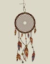 Hand drawn native american dreamcatcher with feathers.