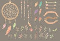 Hand drawn native american feathers, dream catcher, beads, arrows, flowers Royalty Free Stock Photo