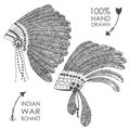 Hand-drawn native American indian chief headdress with feathers. Royalty Free Stock Photo