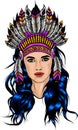 Hand Drawn Native American Indian Headdress. Vector Color Illustration Of Indian Tribal Chief Feather Hat Royalty Free Stock Photo