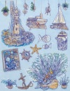 Hand drawn nautical doodle set with fish, anchor, steering wheel, seashells, starfish, steering wheelne life elements