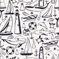 Hand drawn nautical icon set. Vector seamless pattern Royalty Free Stock Photo