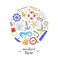 Hand drawn nautical items in circle.