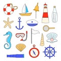 Hand drawn nautical items set.