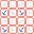 Hand-Drawn Nautical Plaid with Anchors and Waves Vector Seamless Pattern. Marine Background Royalty Free Stock Photo