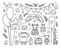 hand drawn new born set of design elements. Vector illustration. doodle baby boy collection. Kid birthday set with balls Royalty Free Stock Photo