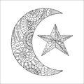 Hand drawn new moon and star for anti stress colouring page. Royalty Free Stock Photo