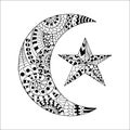 Hand drawn new moon and star for anti stress colouring page.