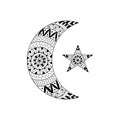 Hand drawn new moon and star for anti stress colouring page. Royalty Free Stock Photo